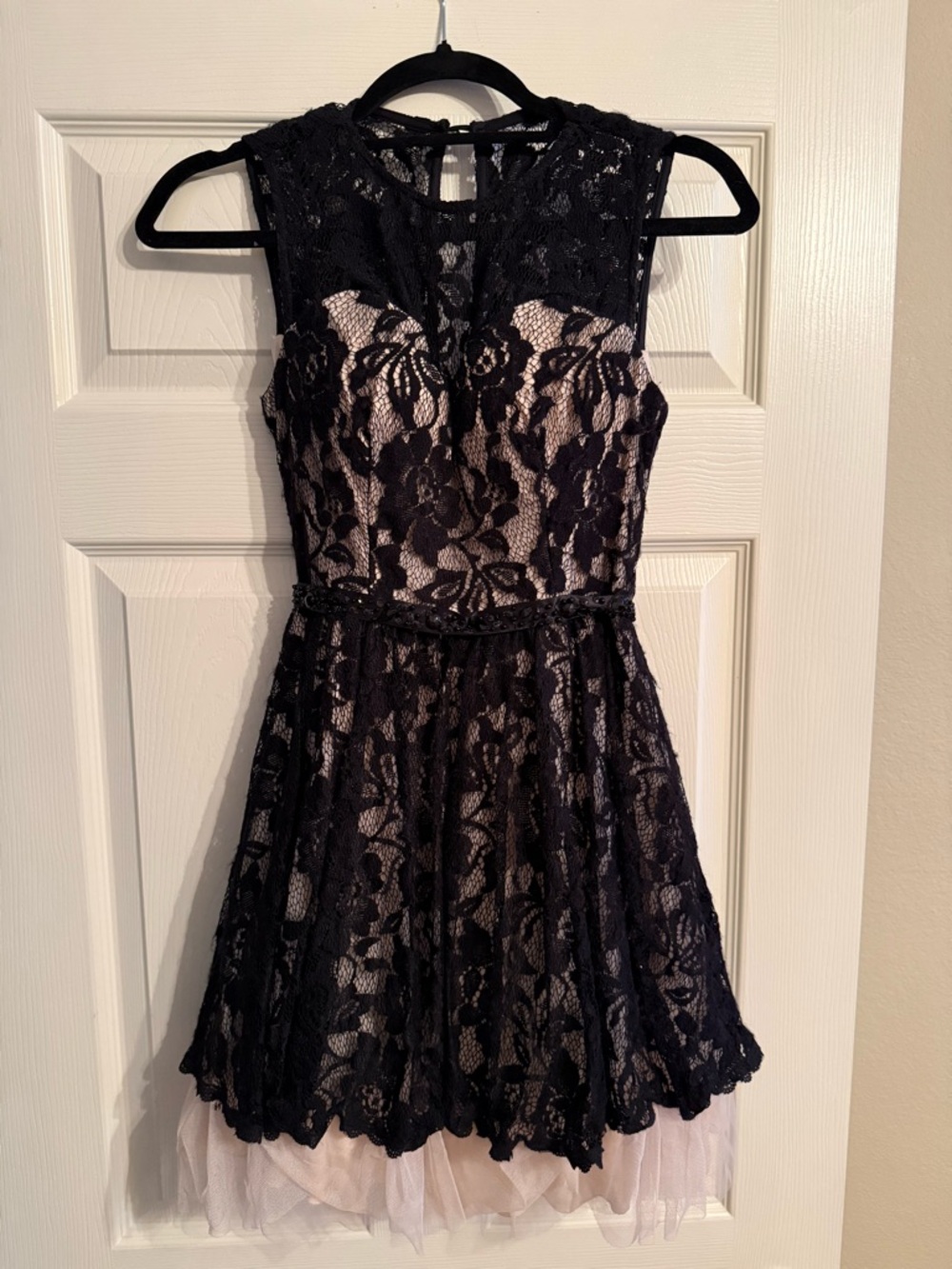 B Darlin Black Lace over Blush Prom Dress